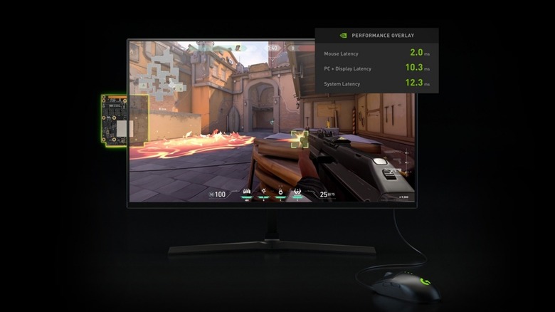 A gaming interface showing the Nvidia Reflex performance overlay for monitoring latency.