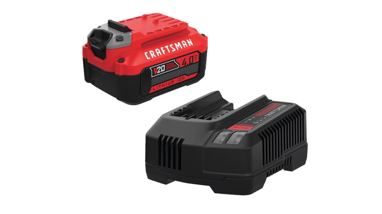 A Craftsman V20 lithium-ion battery and its compatible charging station.