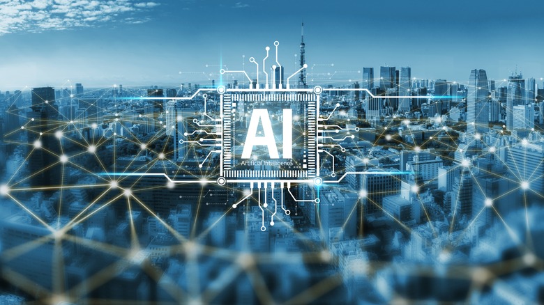 Concept image of a blue glowing AI neural network overlaid onto a modern metropolitan city skyline.