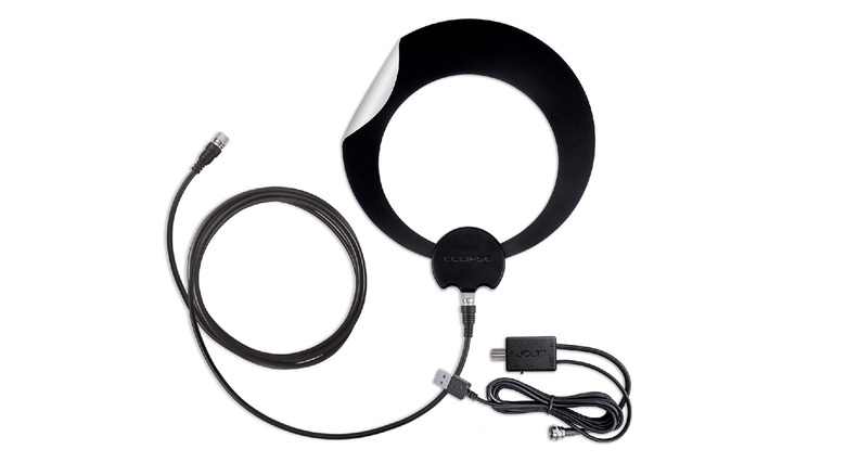 The circular black Antennas Direct ClearStream Eclipse Amplified antenna.