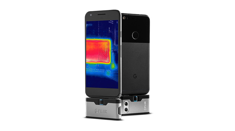 Product shot of a FLIR One thermal imaging camera attachment for smartphones.