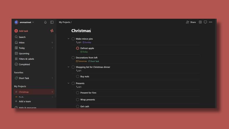 A screenshot of a Todoist project showing a categorized list of holiday tasks.