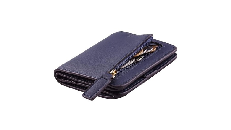 A small purse-like wallet with a zipper in a vibrant color.