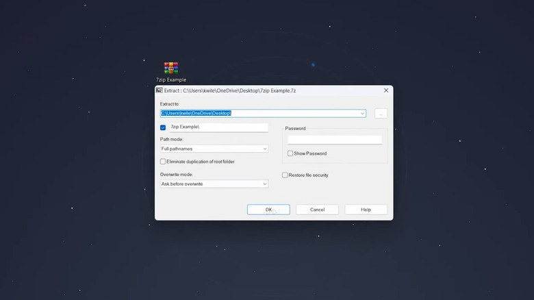 The 7-Zip context menu and extraction window active on a Windows 11 desktop environment.