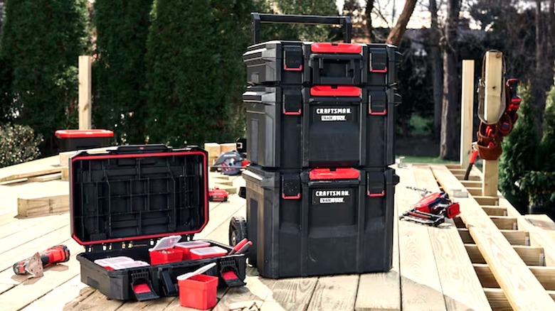 Craftsman TRADESTACK modular storage boxes stacked on a rolling base with a handle.