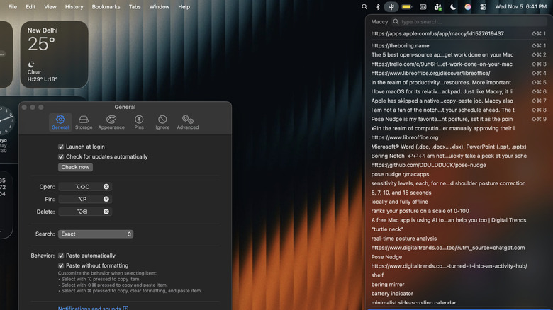 A screenshot showing the Maccy app interface active on a Mac.