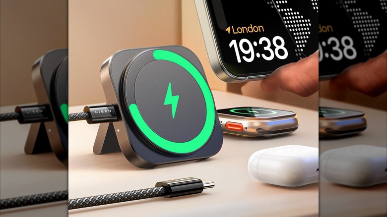 A Lisen MagSafe stand holding an iPhone in a vertical viewing position.