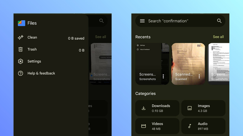 The Files by Google application open on a smartphone showing storage statistics and file cleanup suggestions.