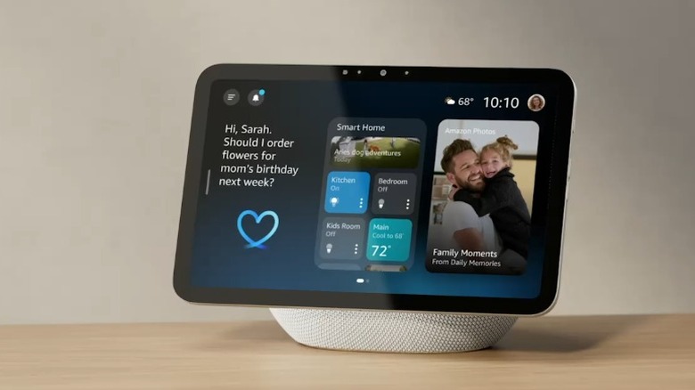 The Amazon Echo Show 8 displaying its interactive smart home dashboard and home screen.