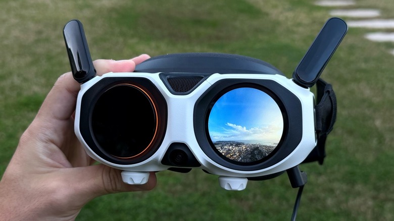 Close-up of the external display on the Antigravity Vision Goggles showing the pilot's internal view.