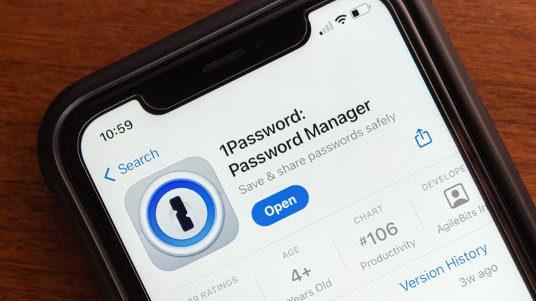 The 1Password manager app interface displayed on an iPhone screen.