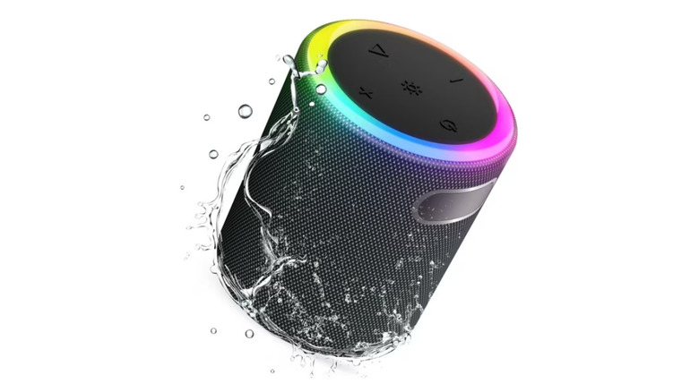 A compact Hoey wireless speaker with integrated LED lights.
