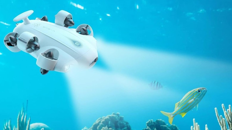 The QYSea FIFISH V-EVO underwater drone navigating through deep blue water.