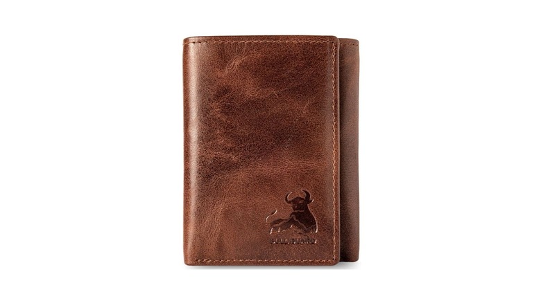 A high-quality brown leather wallet featuring the Bull Guard logo.