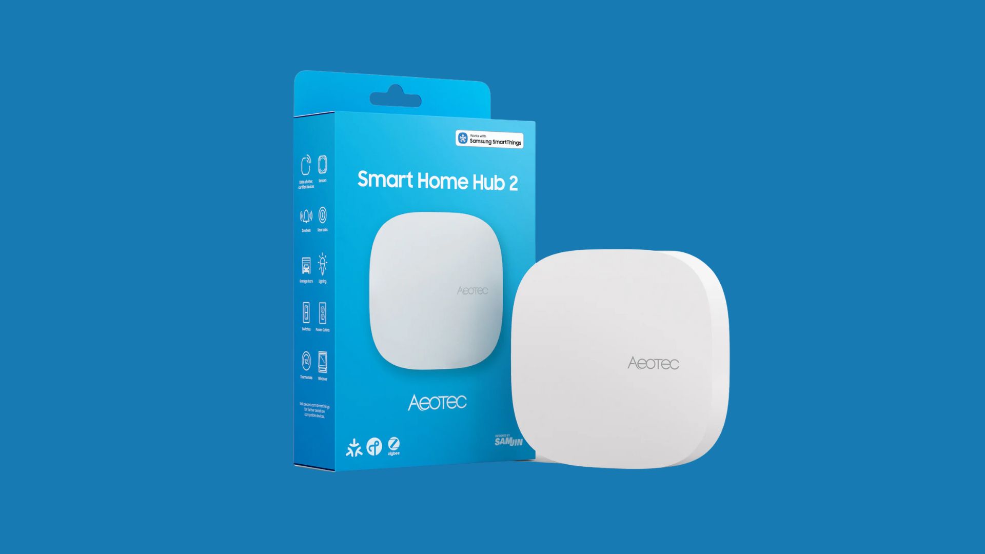 A close-up shot of the Samsung Smart Home Hub 2 highlighting its minimalist aesthetic.