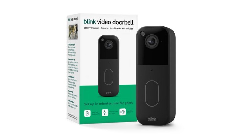 A professional product render featuring the Blink Video Doorbell alongside its retail box.