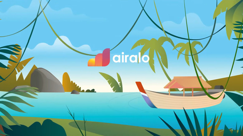 Airalo eSIM brand illustration featuring a tropical travel scene and logo.