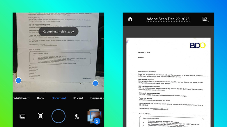 Adobe Scan app on an Android device capturing a physical document and displaying post-scan editing and OCR options.