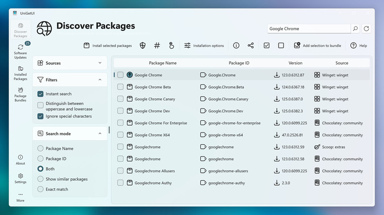 The home screen of UniGetUI showing a list of installed software and available updates.