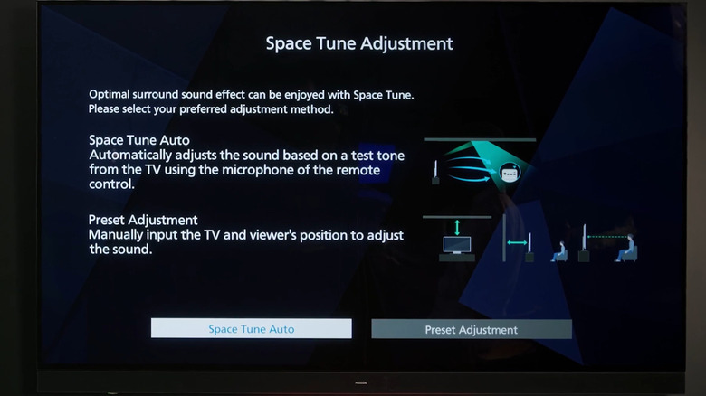 A Panasonic TV screen displaying audio calibration and space tune adjustment settings.