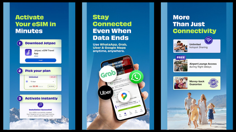 Jetpac app UI screens showing activation steps and travel benefit details.