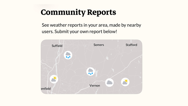 A mobile interface showing weather report icons like rain, clouds, and snow for user submission.