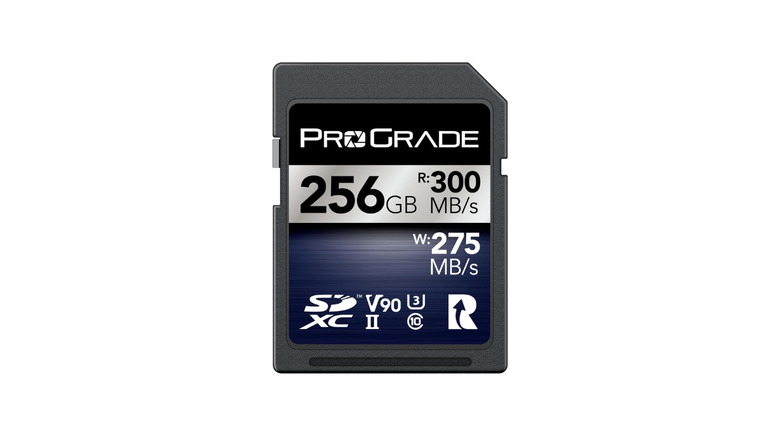 Close-up of a ProGrade Digital SDXC UHS-II V90 Iridium card.