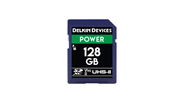 A Delkin Devices Power 128GB SDXC UHS-II memory card.