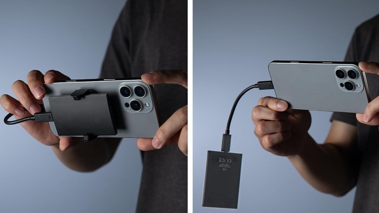 Comparison of a smartphone with a secured magnetic external SSD mount versus a drive dangling by a USB-C cable.