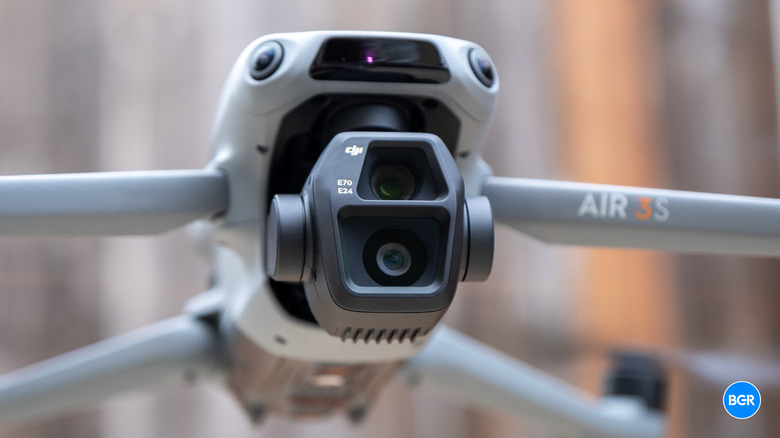 Close-up view of the DJI Air 3S dual-camera gimbal module.