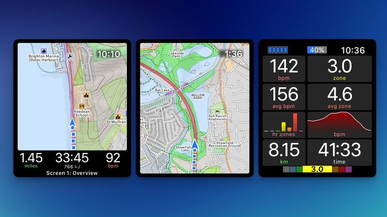 WorkOutDoors app on Apple Watch featuring a full-color topographic map and detailed live workout statistics.