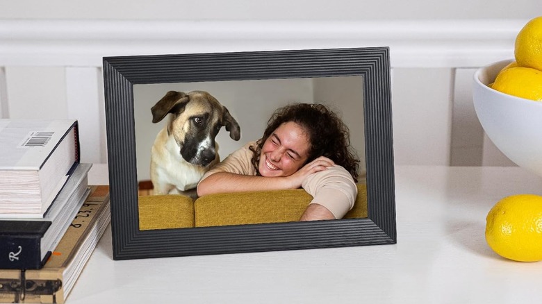A digital photo frame displaying a clear image of a family and a pet.