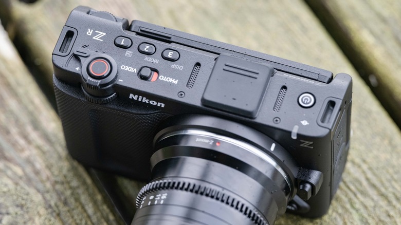 Top-down view of the Nikon Zr cinema camera with a lens attached.