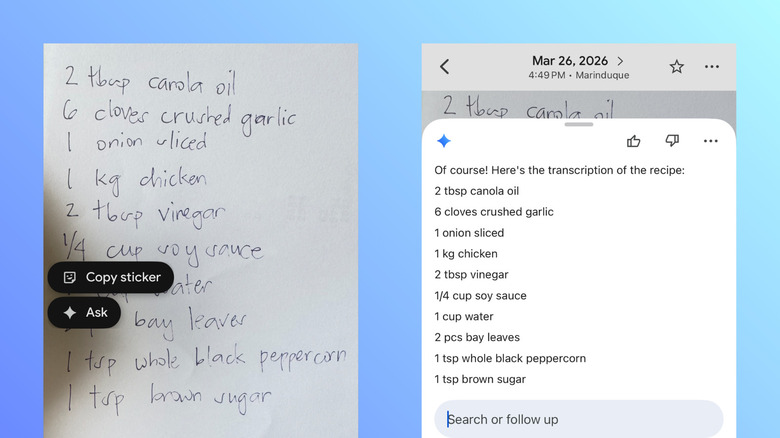 A smartphone screen displaying Google Photos identifying and transcribing handwritten text on a piece of paper.