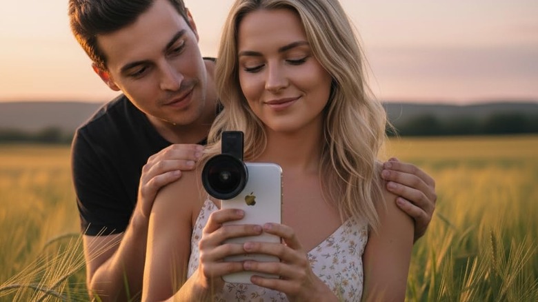 A person using a smartphone equipped with a professional-grade clip-on optical lens for field photography.