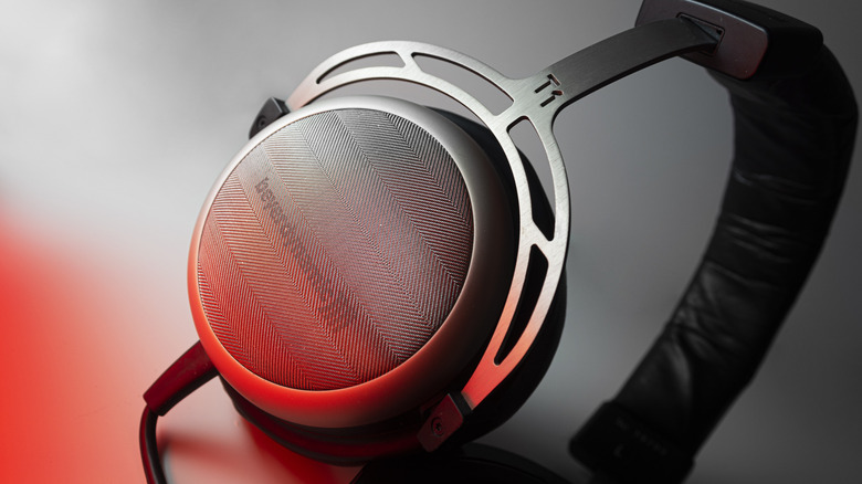 Extreme close-up of the driver housing and headband of the high-end Beyerdynamic T1 headphones.