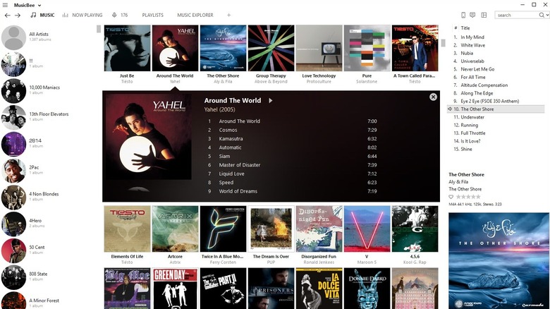 The MusicBee application interface displaying an organized music library with album art and metadata.