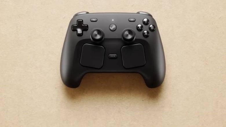 A clean, top-down perspective of the Steam Controller highlighting the trackpads used for haptic feedback and MIDI playback.