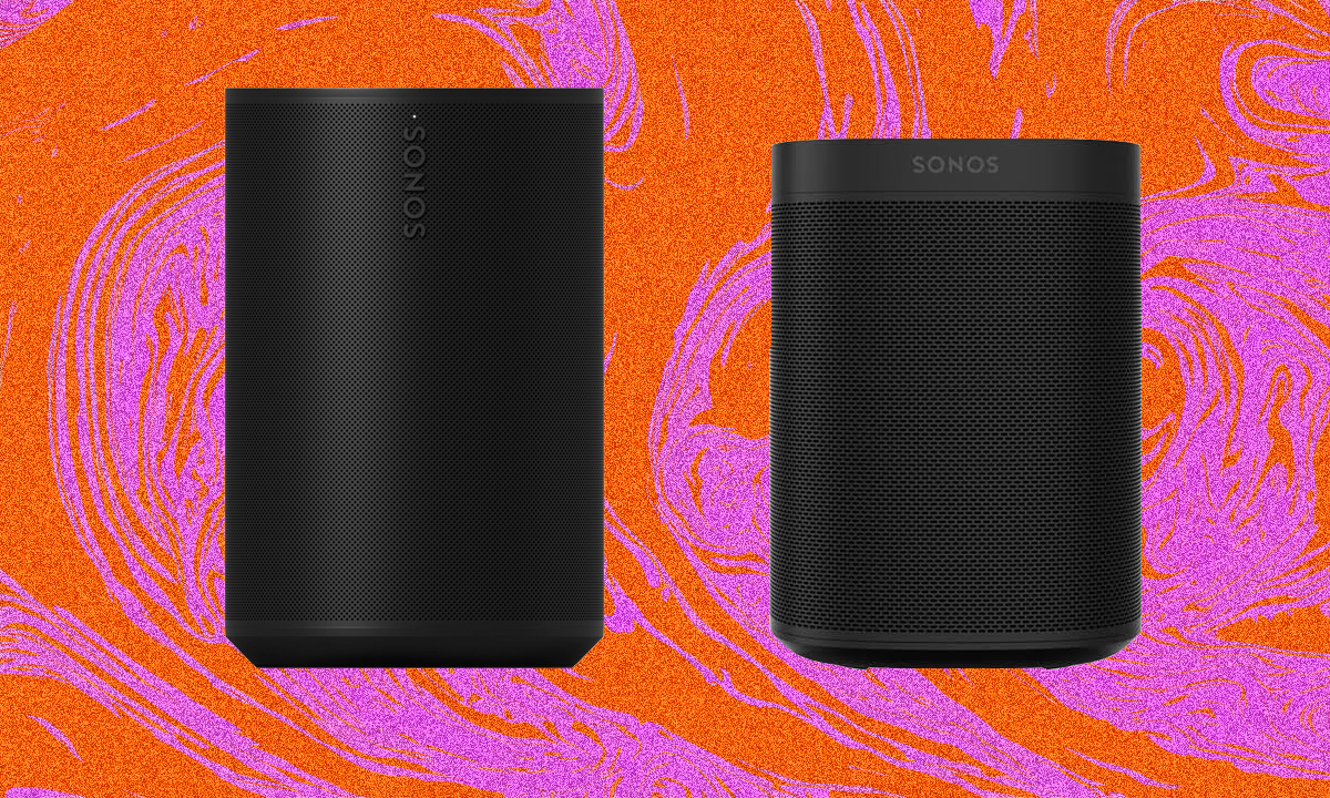 A close-up of the Sonos Era 100 and Sonos One highlighting the differences in grill texture and dimensions.