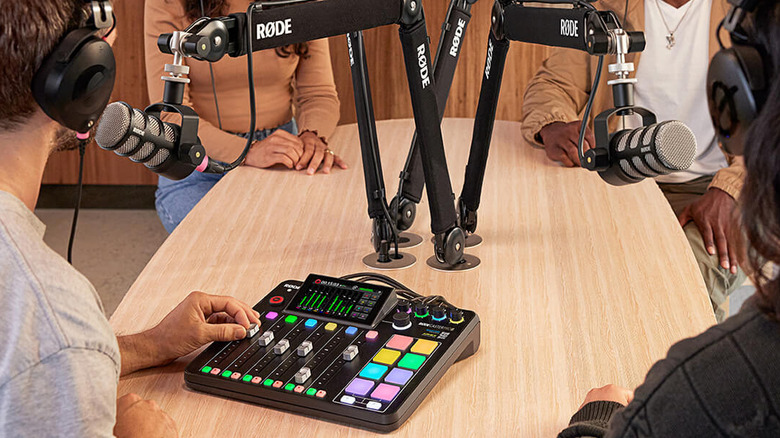 The Rodecaster Pro II mixer being used to record a four-person podcast session.