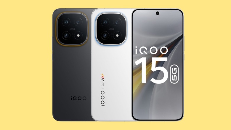 The iQOO 15 smartphone shown from multiple angles in two different color variants.