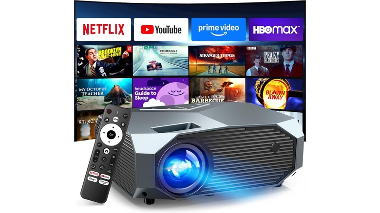The YOWHICK 4K Outdoor Smart Projector including its wireless remote control.