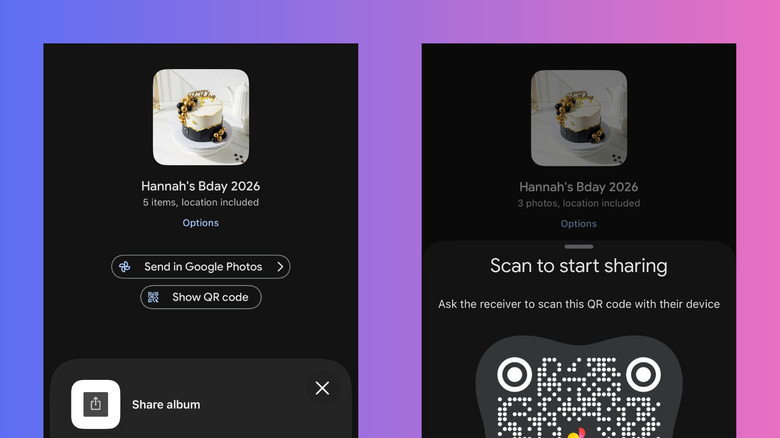 A generated QR code displayed within the Google Photos app for easy album access.