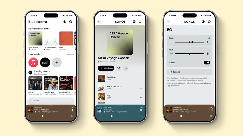Three iPhones displaying different screens of the Sonos setup and EQ application.