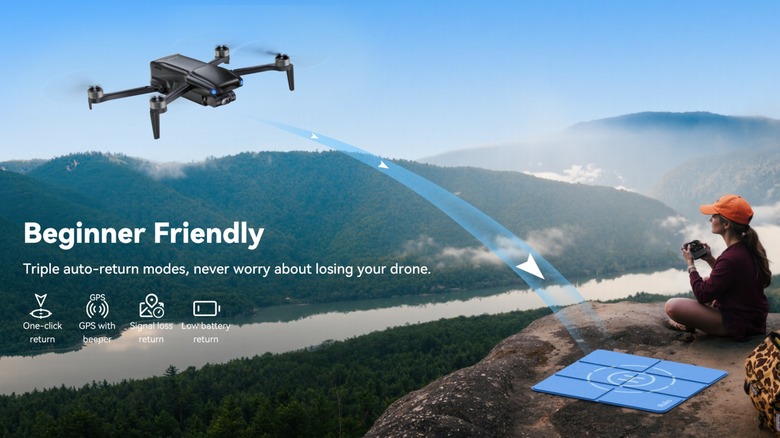 A person interacting with the Ruko U11MINI 4K drone during an AI-assisted landing sequence.