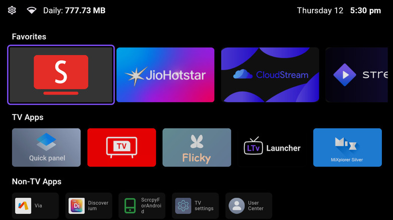 A minimalist home screen layout using the LTvLauncher on an Android TV device.
