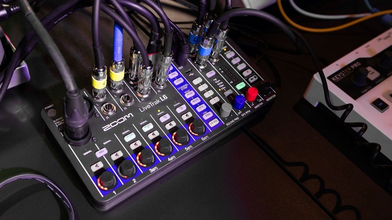 Zoom Livetrak L-6 with several audio cables connected to its rear panel.