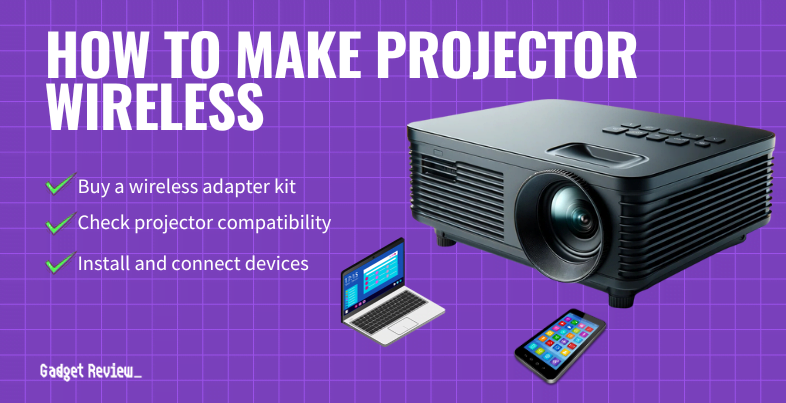 A compact wireless HDMI dongle connected to the rear port of a projector.