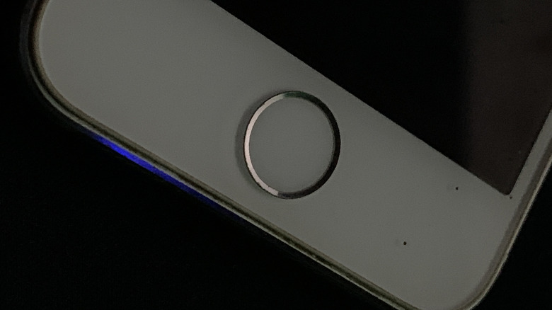 A detailed close-up of the circular Home button on an iPhone 5s.
