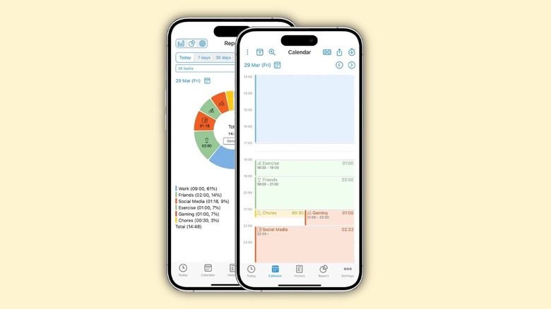 Two iPhones showing the ATracker app interface with time-tracking charts and detailed usage analytics.